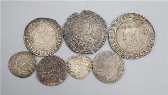 Great Britain, hammered and milled coinage, a James I shilling, Queen Elizabeth I shilling and sixpence, 1757 sixpence, two silver cros